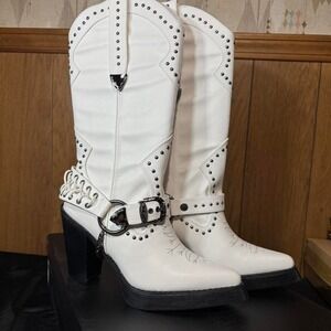 White faux leather mid-calf cowboy boots Size 11 Womens NEW